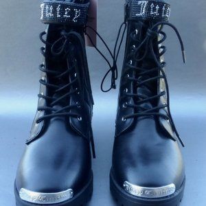 Juicy Couture Opal Black Women Combat Boots Quilted Bling Faux Leather Size 9M